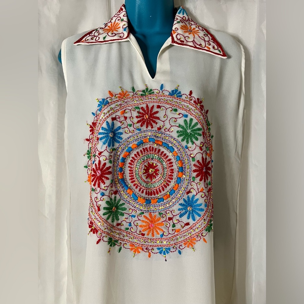Sheer Cream Tunic Dress w/ Hand Beaded / Hand Sewn Mandala Design & Collar